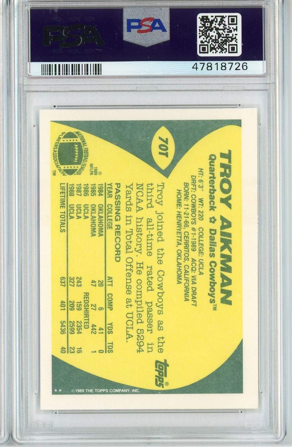 Graded 1989 Topps Traded Troy Aikman #70T Rookie RC Football Card PSA 9 Mint