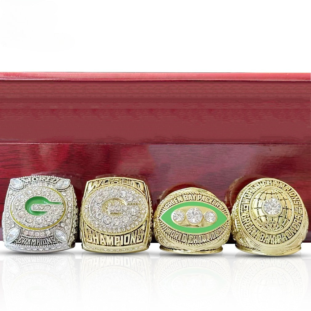 Green Bay Football Championship Rings Set (4 PCS) – Collector’s Memorabilia with Wooden Display Box