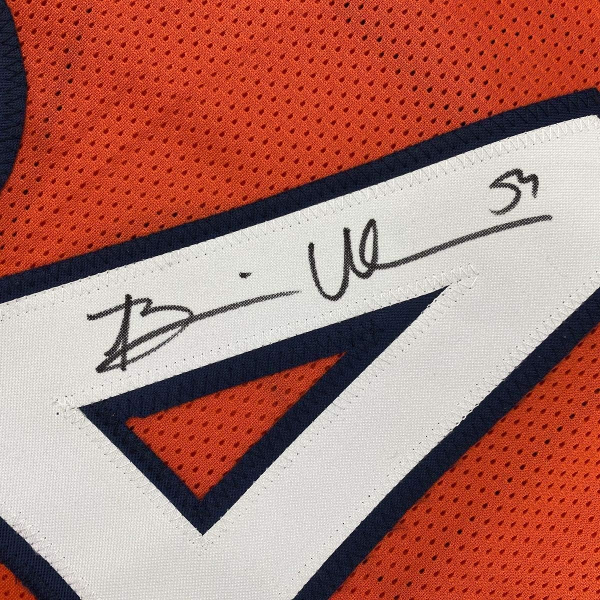Framed Autographed/Signed Brian Urlacher 35x39 Chicago Orange Football Jersey Beckett BAS COA