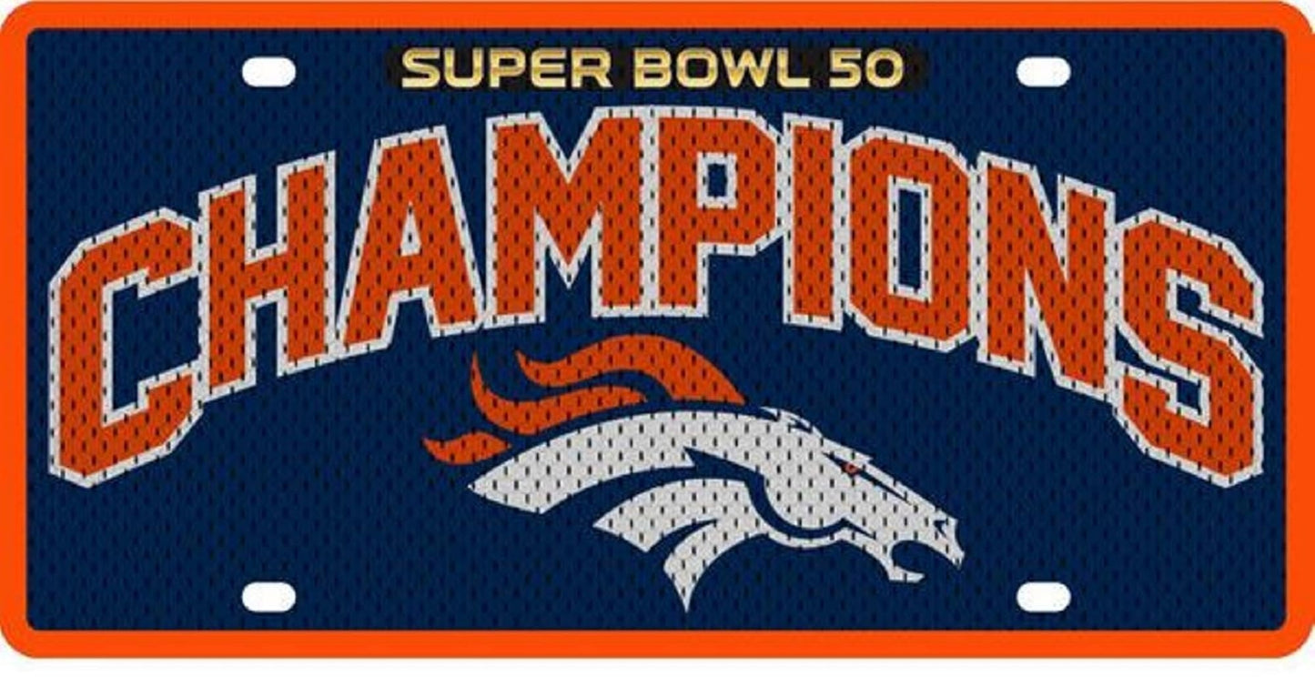 Denver Broncos Super Bowl 50 Champions, Premium Laser Cut Tag License Plate, Jersey Design, Acrylic Inlaid, 12x6 Inch
