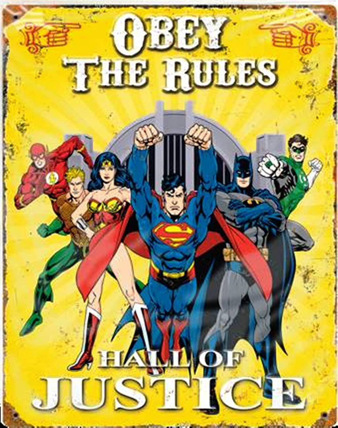 Justice League Heavy Duty Metal Sign, 14.5x11.5, Embossed, Pub Style, Vintage Petina Design