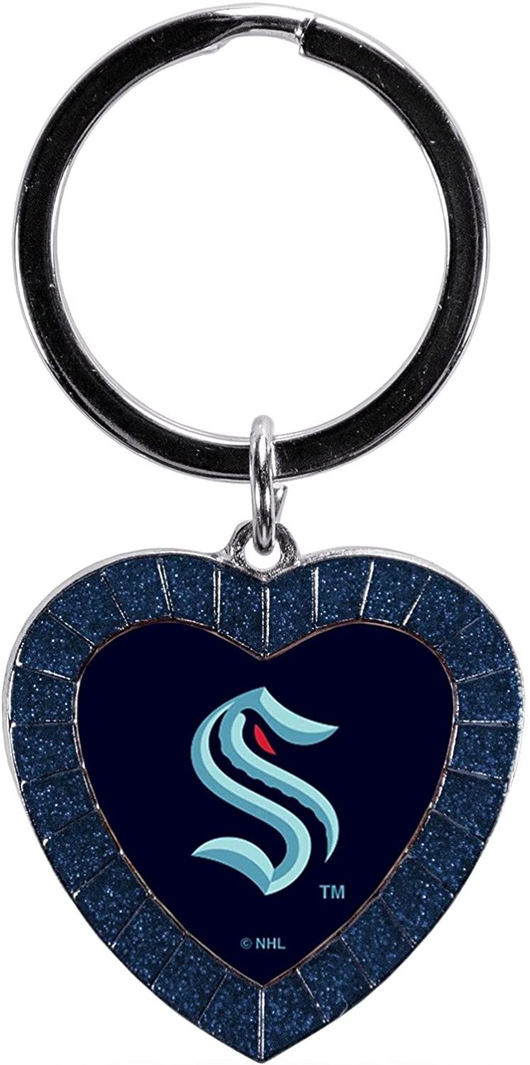 Seattle Kraken Metal Keychain, Team Color Rhinestone Heart, 3 Inches