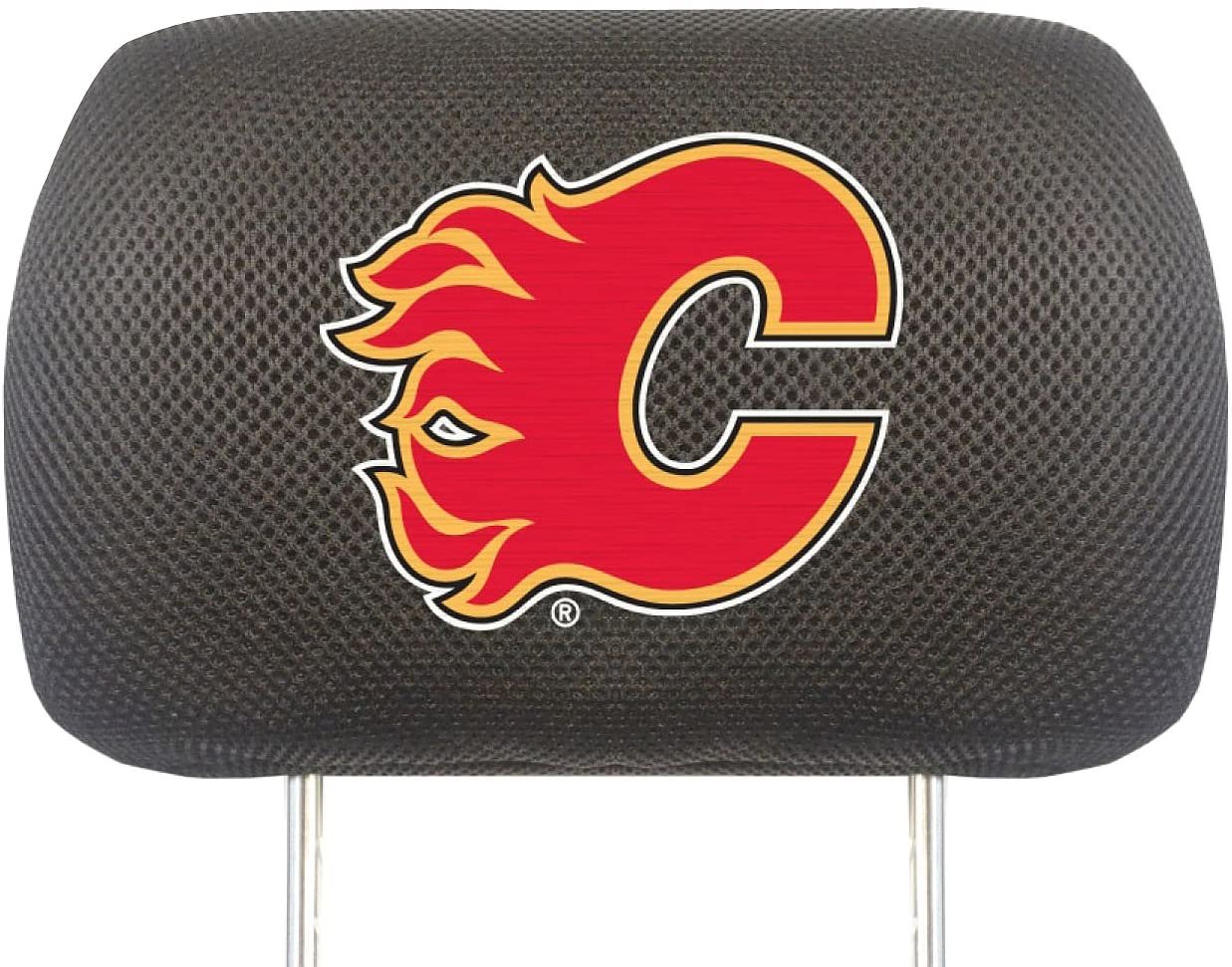Calgary Flames Pair of Premium Auto Head Rest Covers, Embroidered, Black Elastic, 14x10 Inch