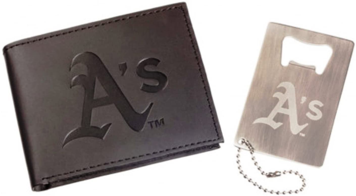 Oakland A's Athletics Black Vegan Leather Bifold Wallet and Bottle Opener Keychain Gift Set