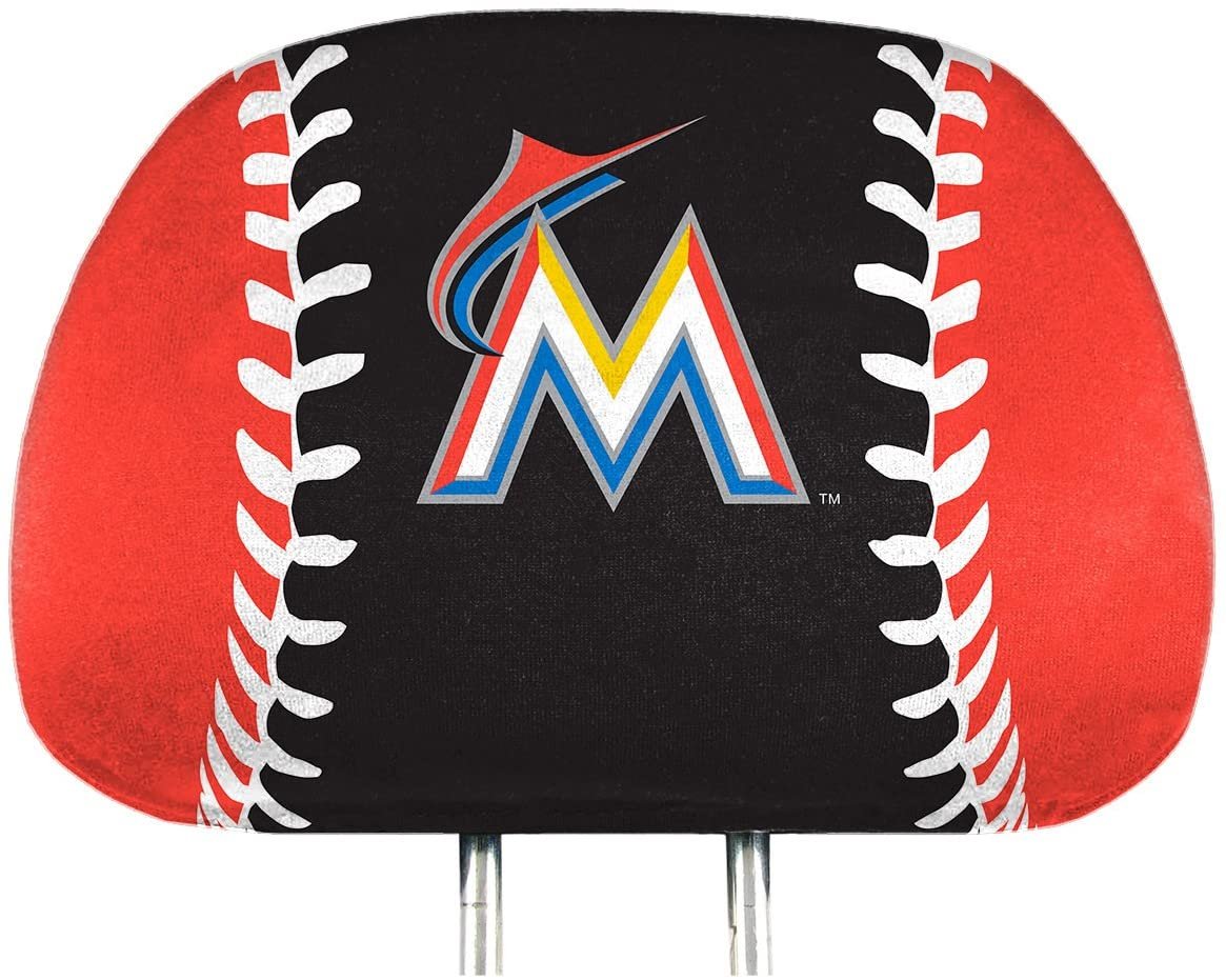 Miami Marlins Pair of Premium Auto Head Rest Covers, Full Color Printed, Elastic, 14x10 Inch