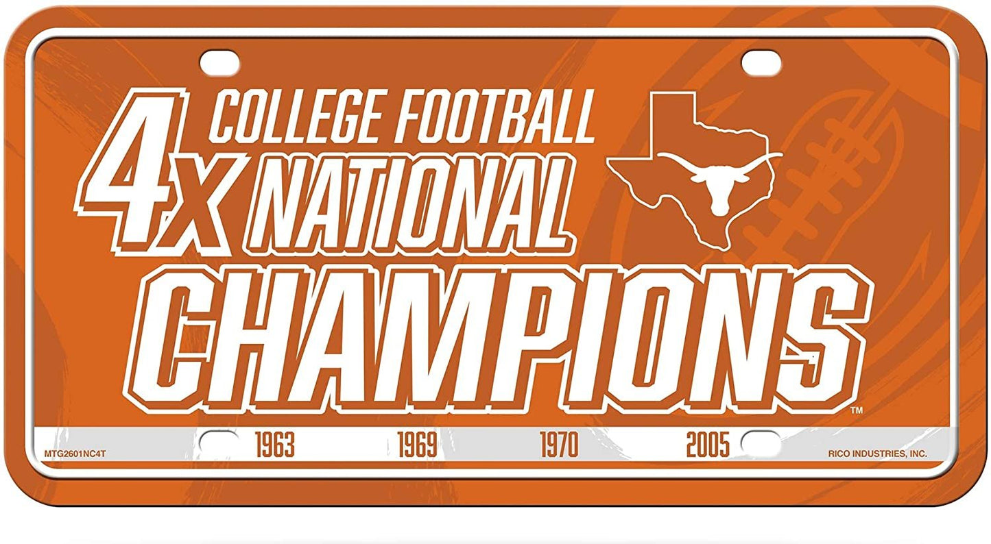 University of Texas Longhorns Metal Auto Tag License Plate, 4-Time National Champions, 6x12 Inch