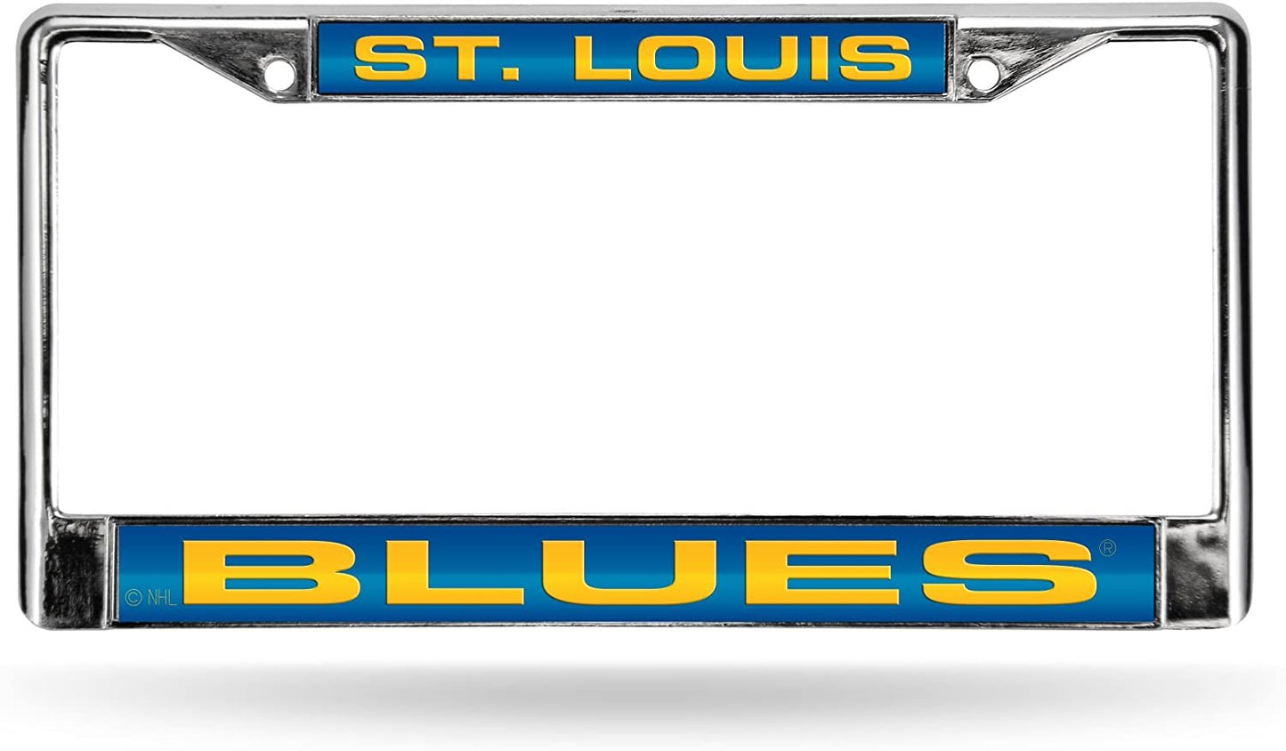 St Louis Blues Chrome Metal License Plate Frame Tag Cover, Laser Acrylic Mirrored Inserts, 12x6 Inch