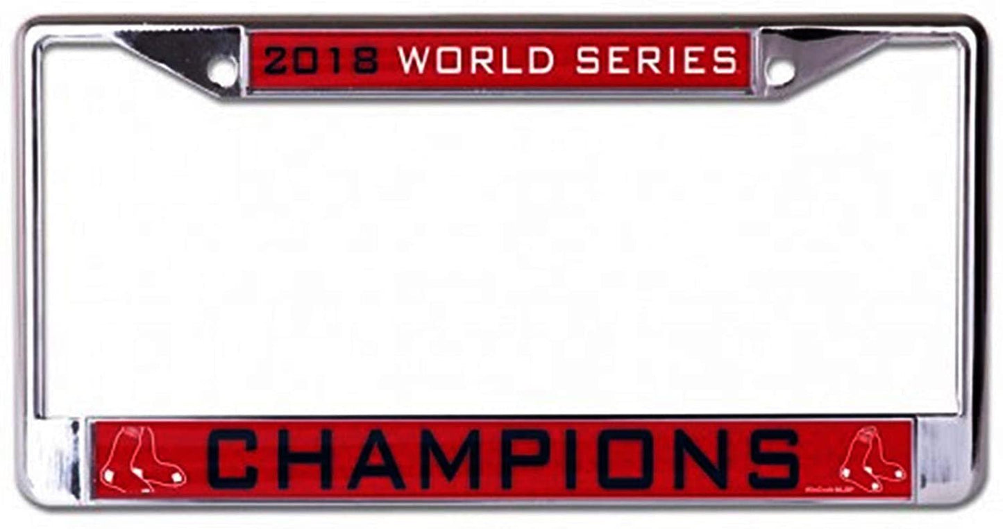 Boston Red Sox Metal License Plate Frame Chrome Tag Cover, Laser Acrylic Mirrored Inserts, 2018 Champions, 12x6 Inch