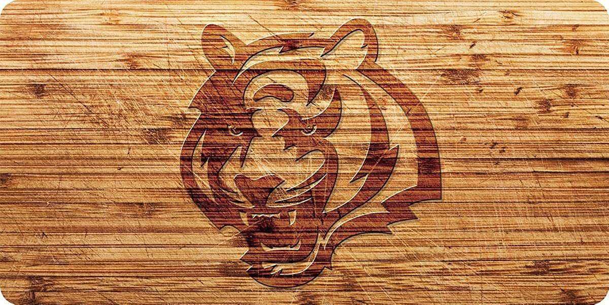 Cincinnati Bengals Premium Laser Cut Tag License Plate, Woodgrain Style, Mirrored Acrylic Inlaid, 12x6 Inch