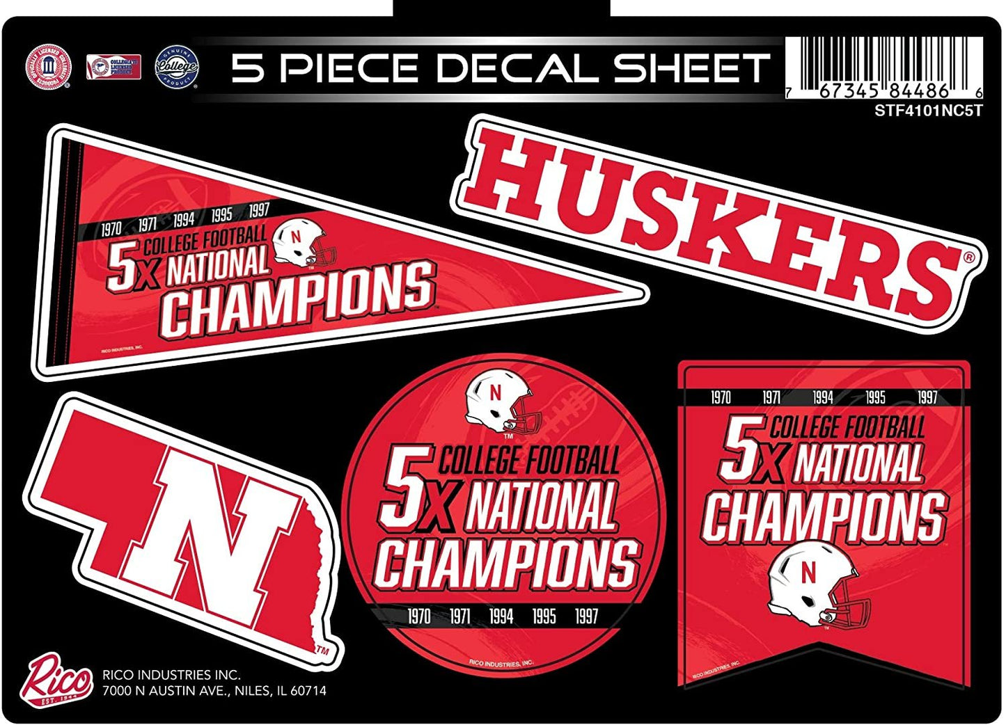 Nebraska Cornhuskers 5X Time Champions Decal Sticker Multi Sheet 5 Piece College Football Flat Vinyl Emblem University of