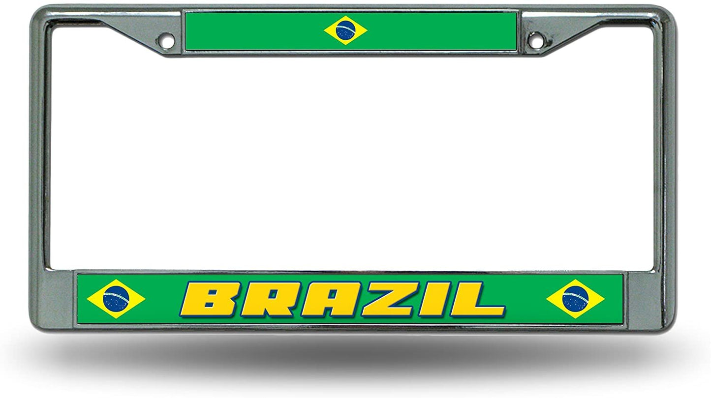 Brazil World Cup National Soccer Team Chrome Metal License Plate Frame Tag Cover, 6x12 Inch
