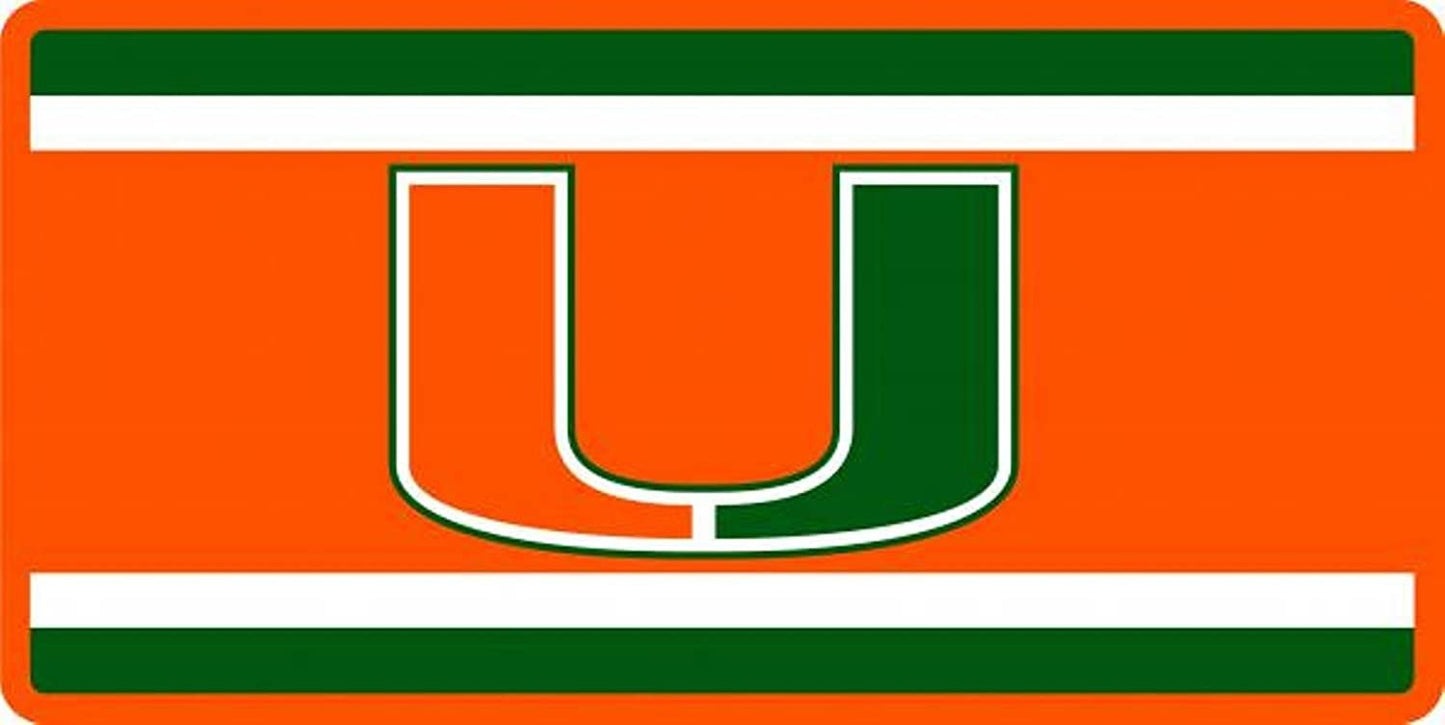 University of Miami Hurricanes Premium Laser Cut Tag License Plate, Super Stripe Design, Mirrored Acrylic Inlaid, 6x12 Inch