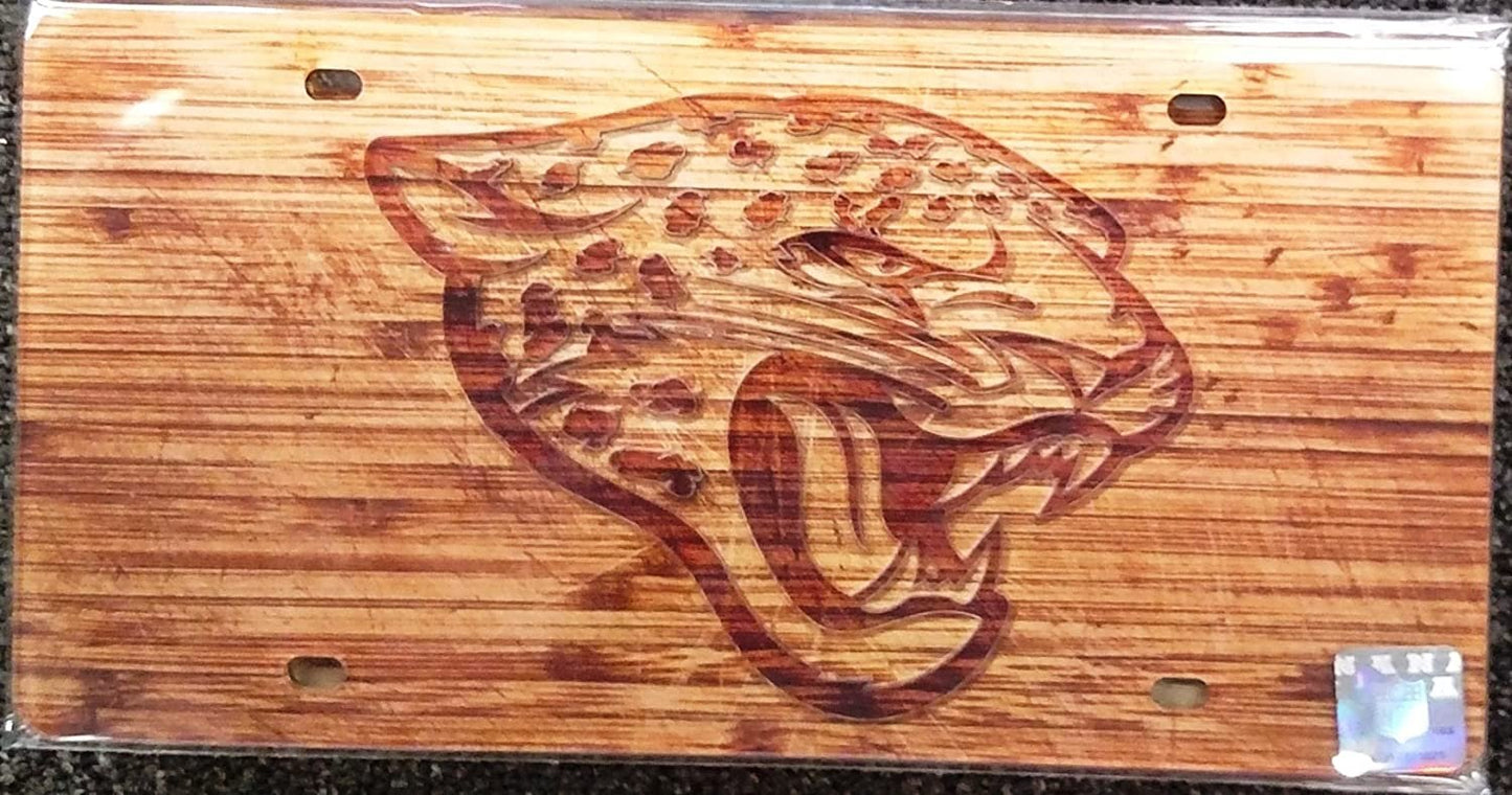 Jacksonville Jaguars Premium Laser Cut Tag License Plate, Woodgrain Design, Mirrored Acrylic Inlaid, 6x12 Inch