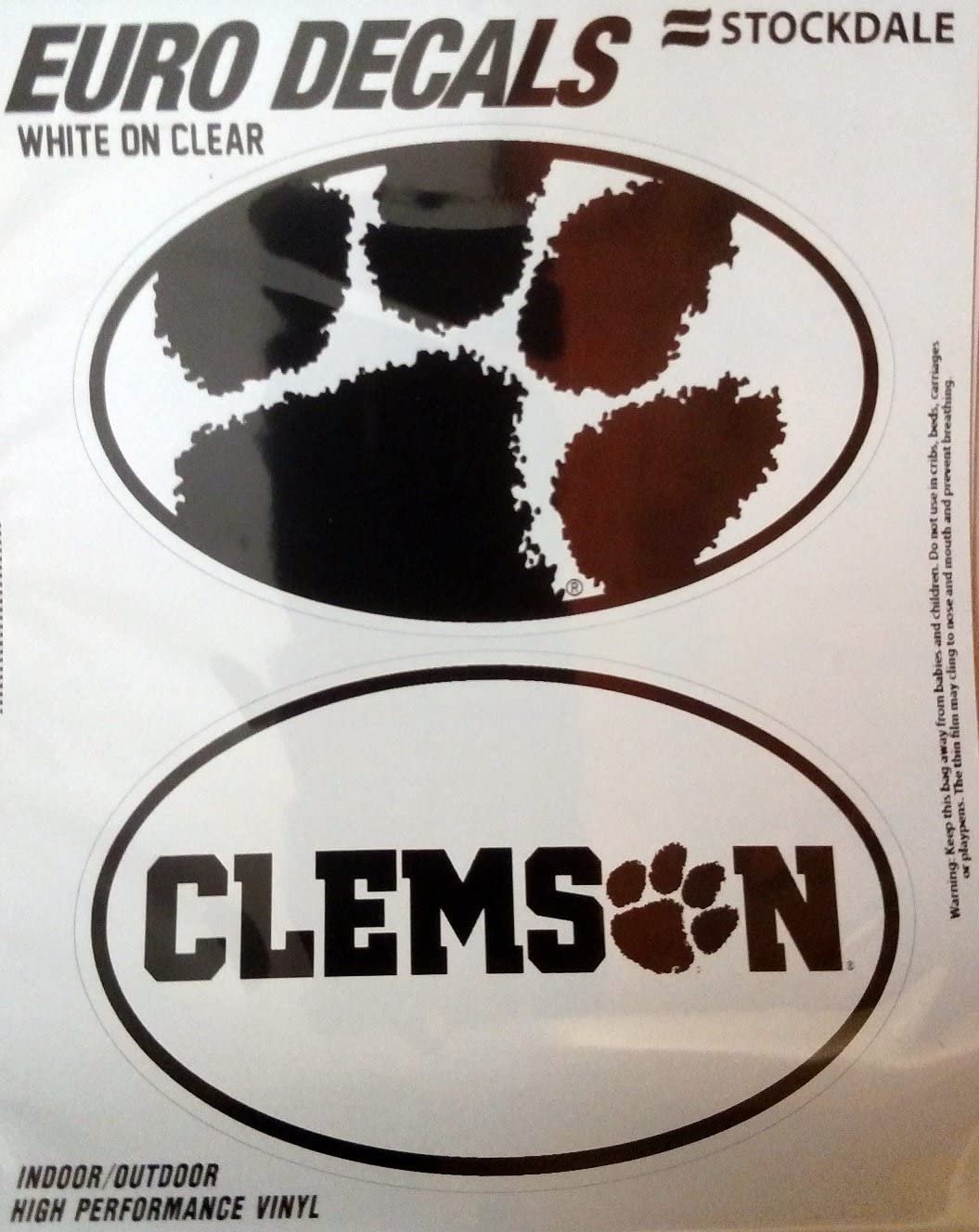Clemson University Tigers 2-Piece White and Clear Euro Decal Sticker Set, 4x2.5 Inch Each
