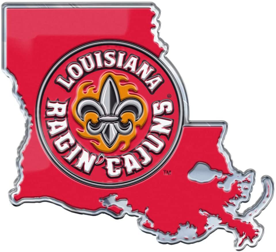 University of Louisiana Lafayette Ragin Cajuns Team State Design Auto Emblem, Aluminum Metal, Embossed Team Color, Raised Decal Sticker, Full Adhesive Backing