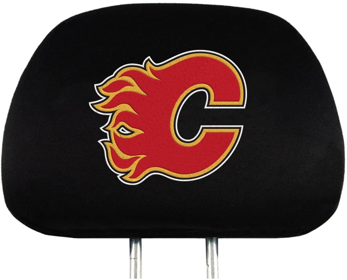 Calgary Flames Pair of Premium Auto Head Rest Covers, Embroidered, Black Elastic, 14x10 Inch, PM