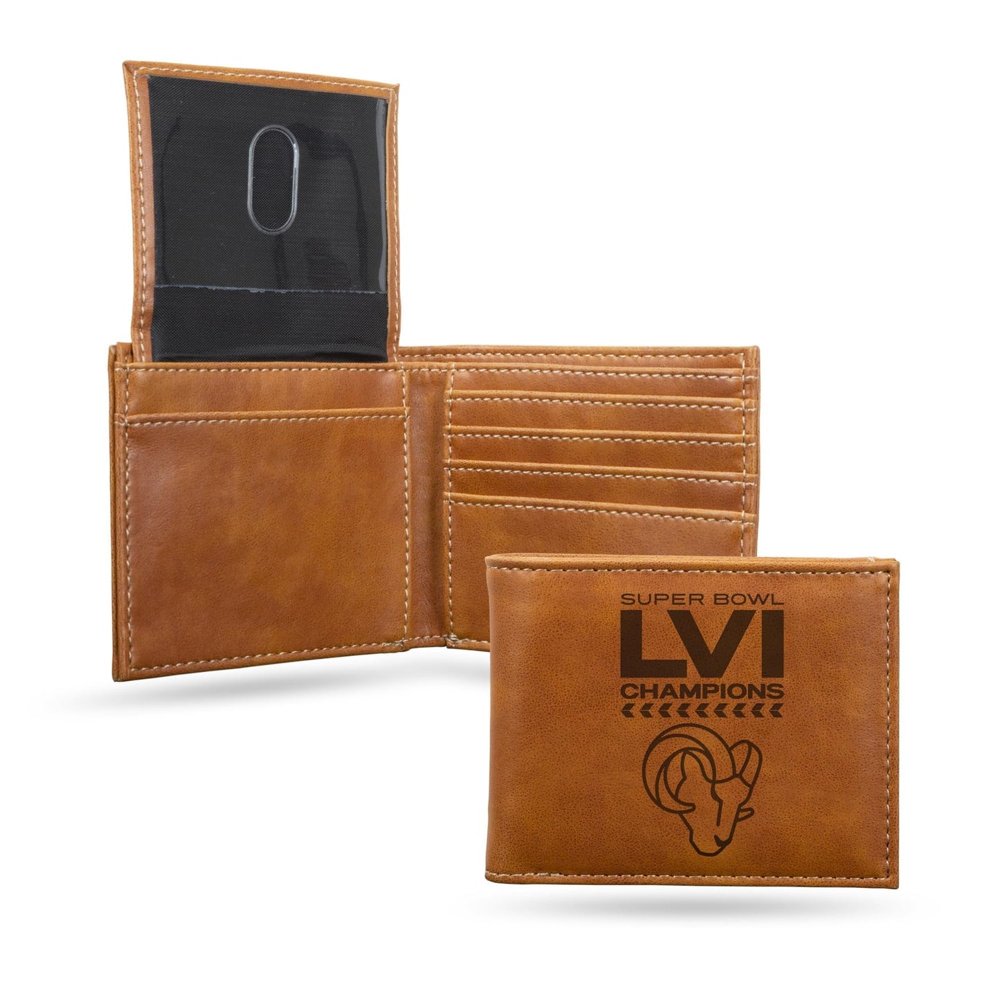 Los Angeles Rams 2022 Super Bowl LVI Champions Premium Brown Leather Wallet, Bifold, Billfold, Embossed Laser Engraved