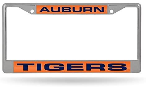 Auburn University Tigers Metal License Plate Frame Chrome Tag Cover, Laser Acrylic Mirrored Inserts, 12x6 Inch