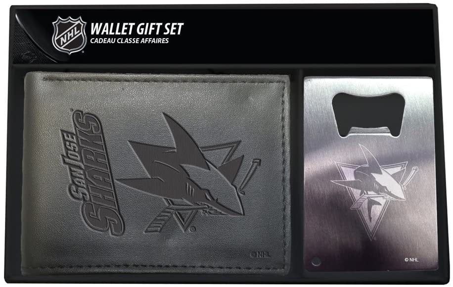 San Jose Sharks Black Vegan Leather Bifold Wallet and Bottle Opener Keychain Gift Set
