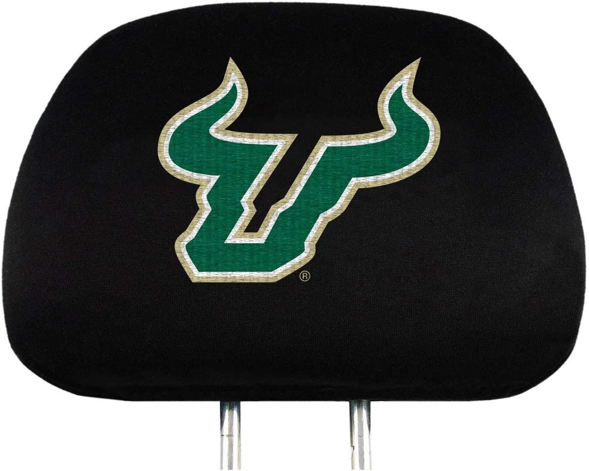 University of South Florida Bulls Premium Pair of Auto Head Rest Covers, Black, Elastic, 10x14 Inch