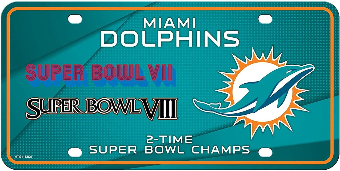 Miami Dolphins Metal Auto Tag License Plate, 2-Time Super Bowl Champions, 6x12 Inch