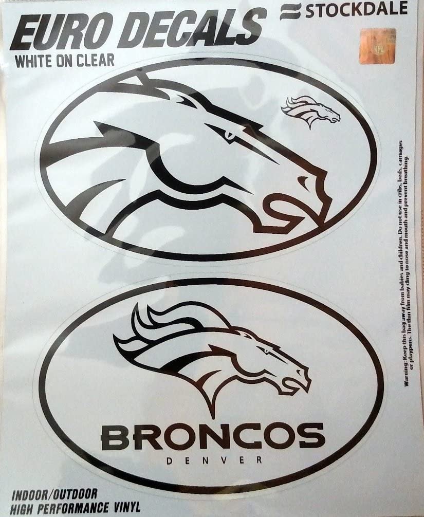 Denver Broncos 2-Piece White and Clear Euro Decal Sticker Set, 4x2.5 Inch Each
