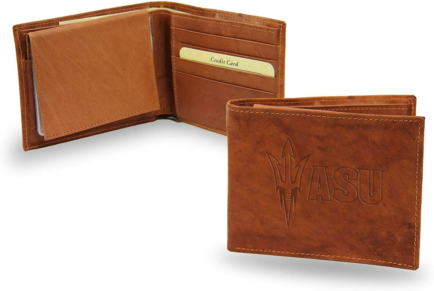 Arizona State University Sun Devils Premium Brown Leather Wallet, Bifold Billfold, Embossed Laser Engraved