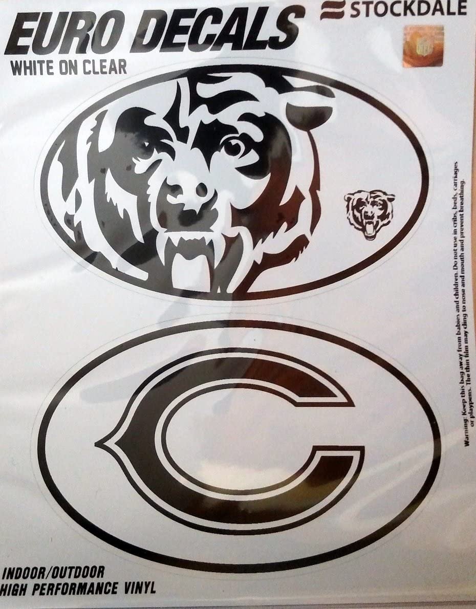 Chicago Bears 2-Piece White and Clear Euro Decal Sticker Set, 4x2.5 Inch Each