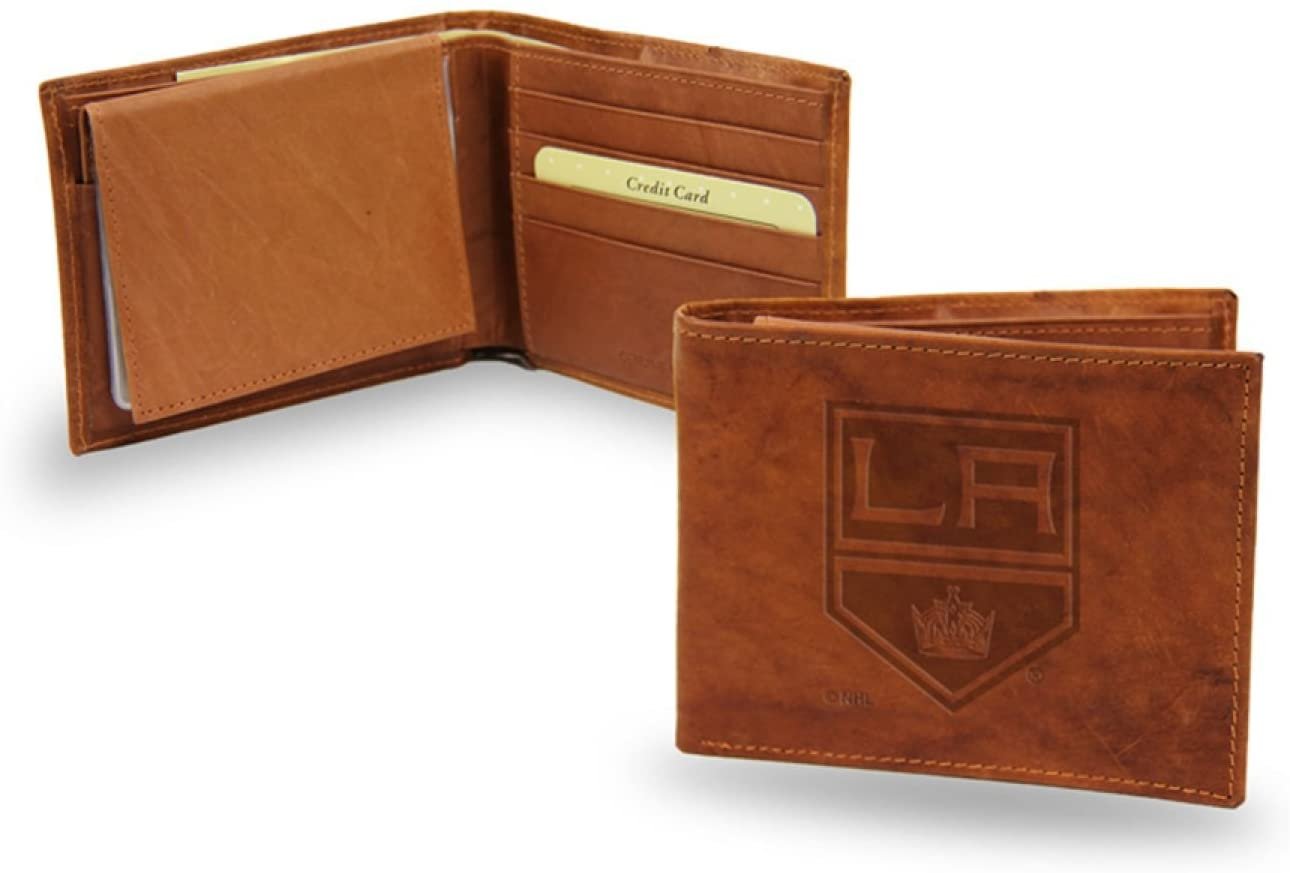 Los Angeles Kings Premium Brown Leather Wallet, Bifold Billfold, Embossed Laser Engraved