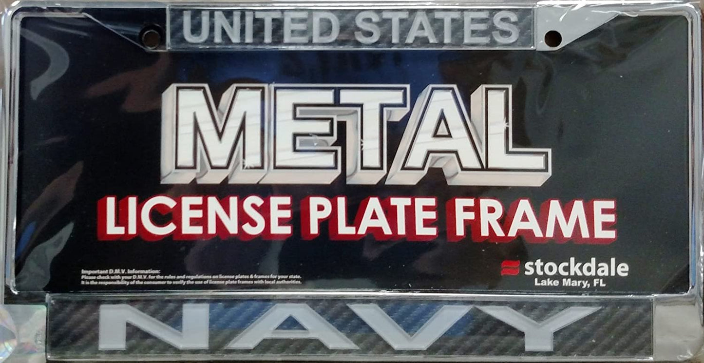 United States Navy Military Metal License Plate Frame Chrome Tag Cover, Laser Acrylic Mirrored Inserts, Carbon Fiber Design, 12x6 Inch
