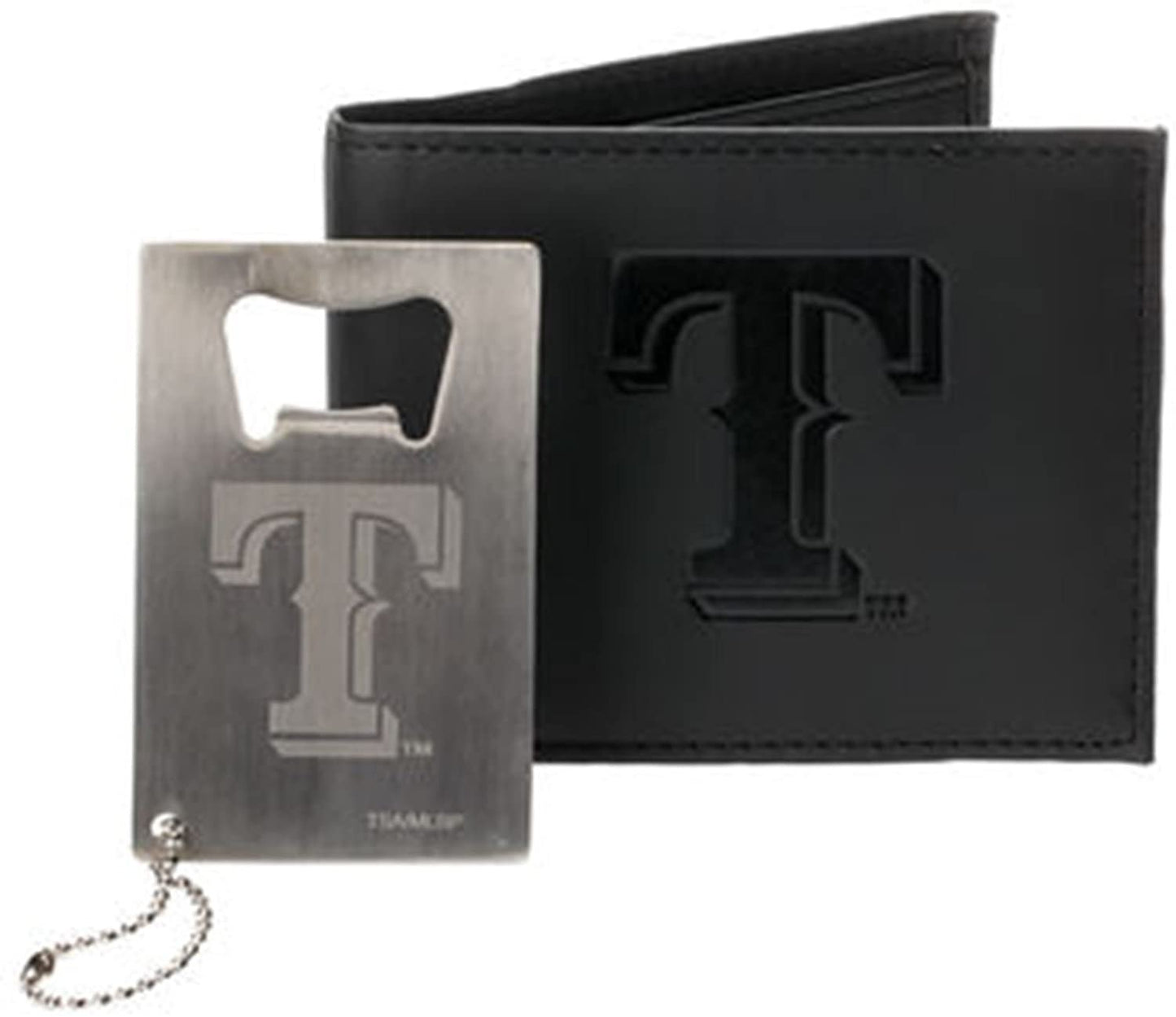Texas Rangers Black Vegan Leather Bifold Wallet and Bottle Opener Keychain Gift Set