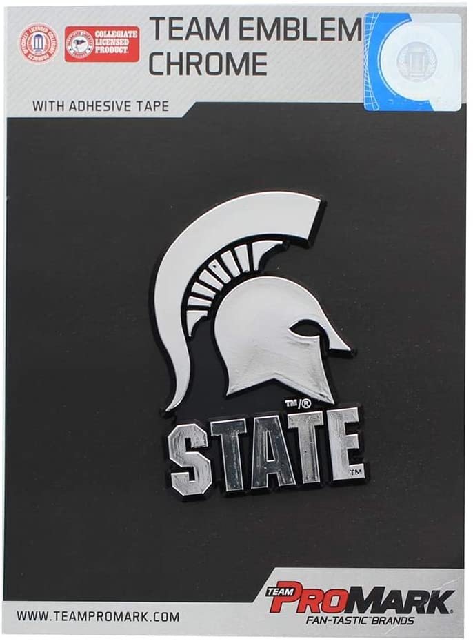 Michigan State University Spartans Auto Emblem, Silver Chrome Color, Raised Molded Shape Cut Plastic, Adhesive Tape Backing