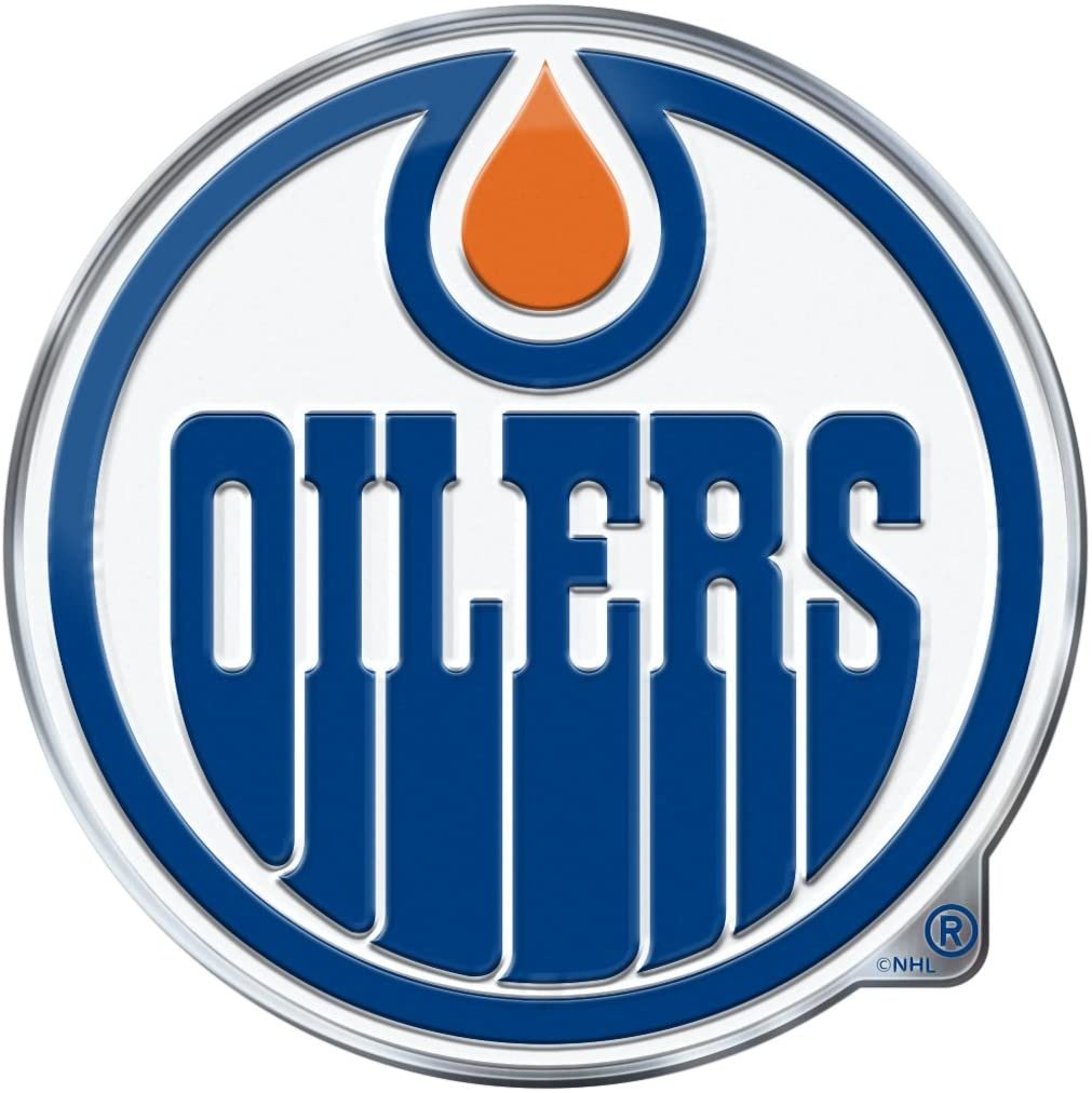 Edmonton Oilers Auto Emblem, Aluminum Metal, Embossed Team Color, Raised Decal Sticker, Full Adhesive Backing