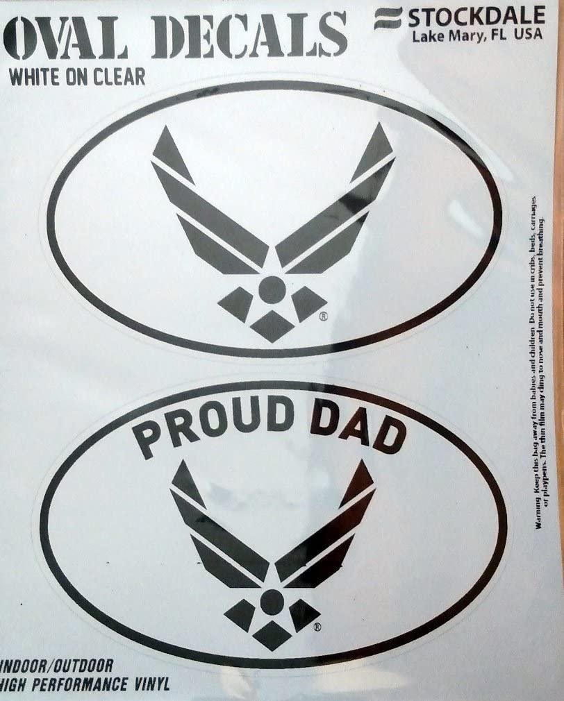 U.S. Air Force, Proud Dad, 2-Piece White and Clear Euro Decal Sticker Set, 4x2.5 Inch Each, United States Military