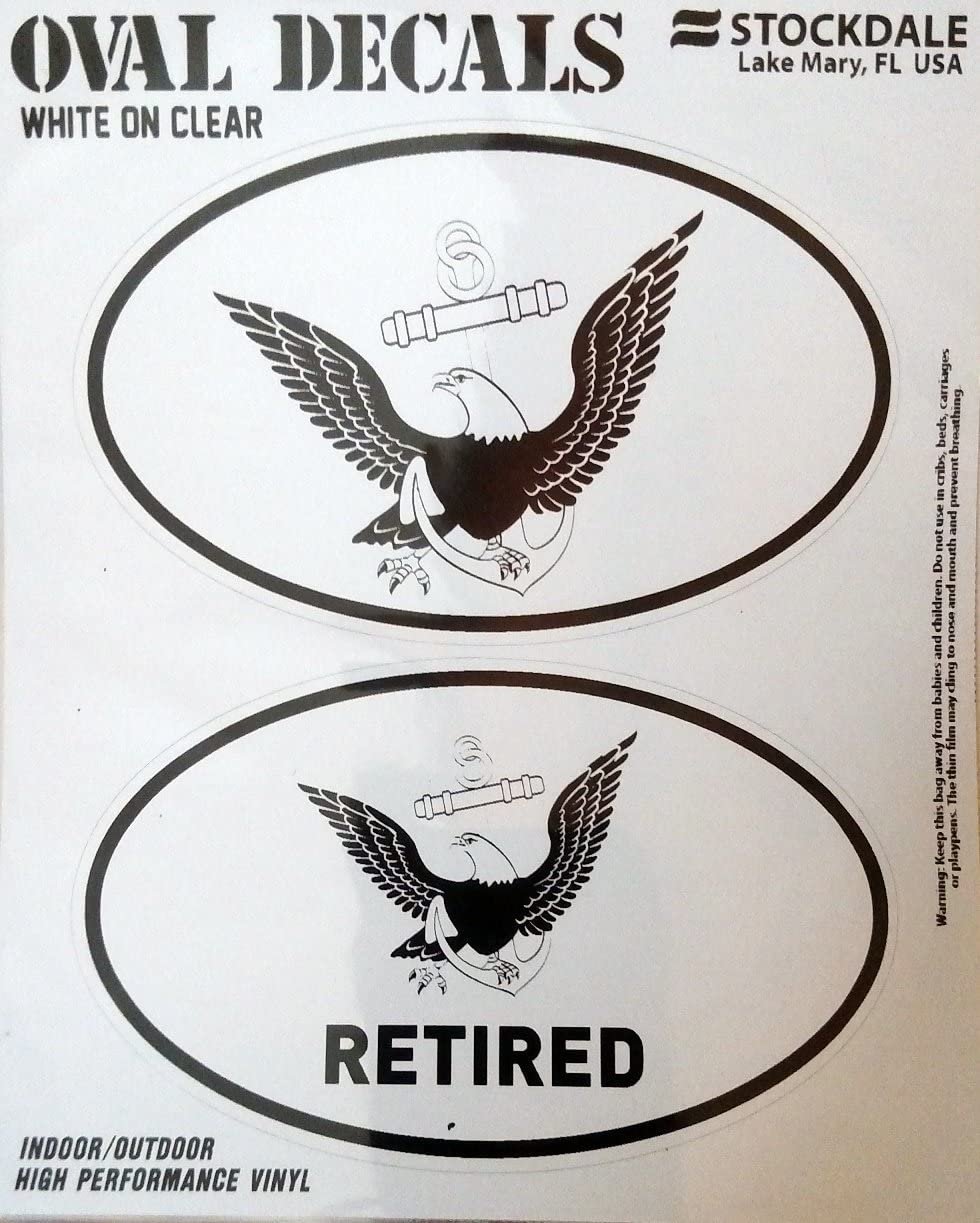 U.S. Navy, Retired, 2-Piece Euro Decal Sticker Set, White and Clear Color, 4x2.5 Inch Each, United States Military