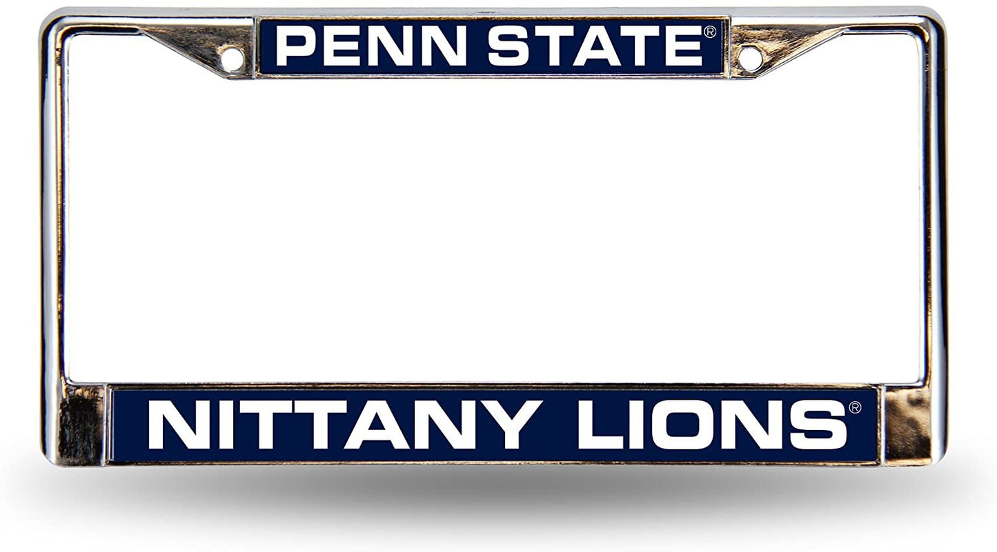 Penn State University Lions Chrome Metal License Plate Frame Tag Cover, Laser Acrylic Mirrored Inserts, 12x6 Inch