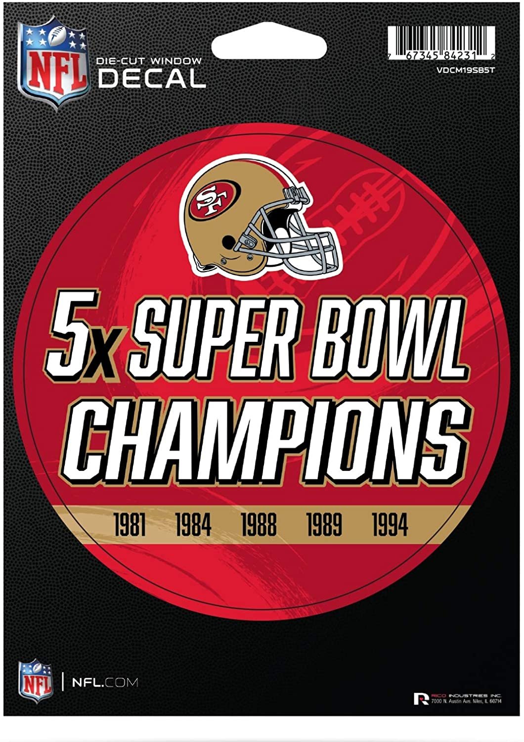San Francisco 49ers 5" Decal Sticker 5X Time Champions Flat Vinyl Auto Emblem Football