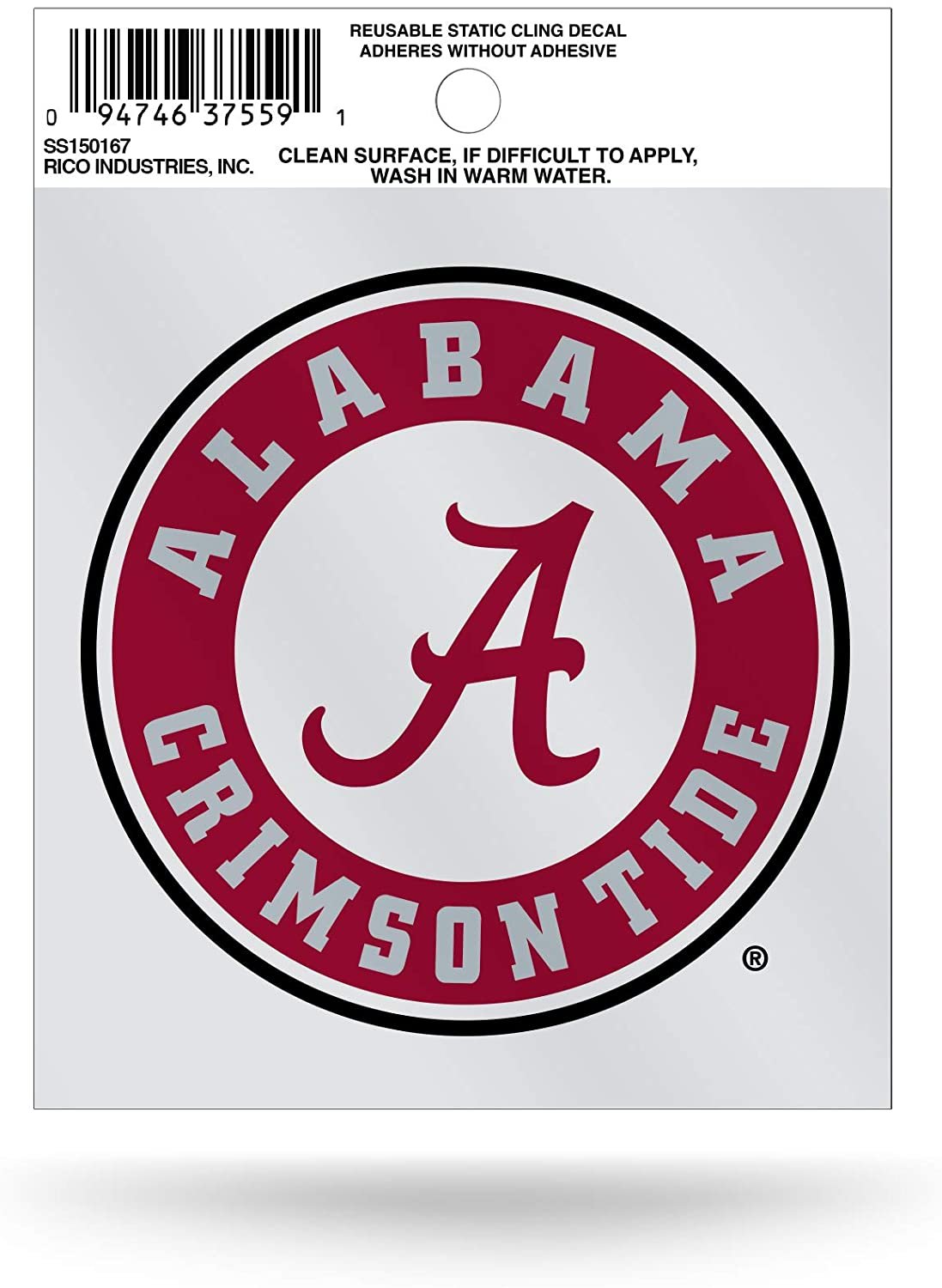 University of Alabama Crimson Tide 3 Inch Static Cling, Round Logo, Full Clear Adhesive Backing, Easy Peel and Stick Application, Removable and Reusable, Officially Licensed, Made in the USA