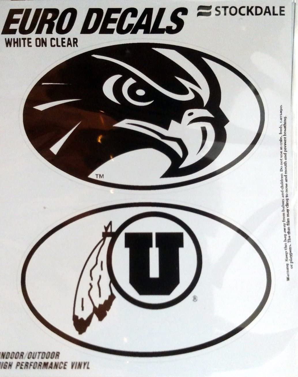 University of Utah Running Utes 2-Piece White and Clear Euro Decal Sticker Set, 4x2.5 Inch Each