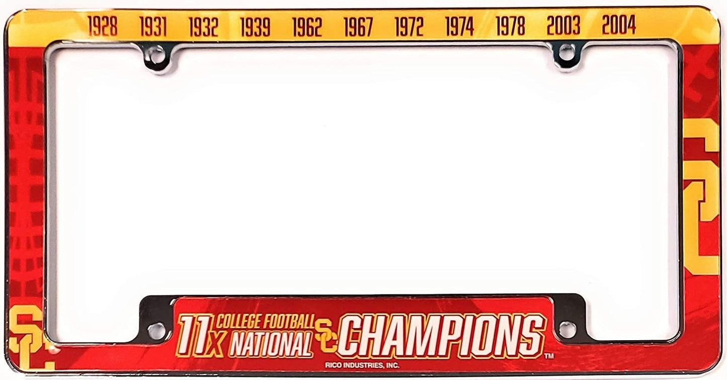 University of Southern California USC Trojans 11X Time Champions Metal License Plate Frame Chrome Tag Cover, All Over Design, 6x12 Inch