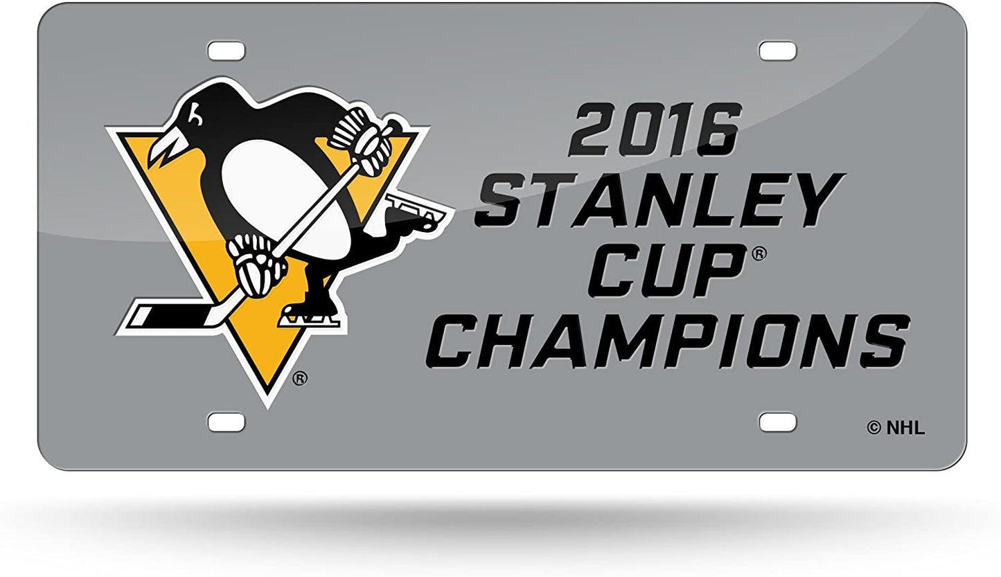 Pittsburgh Penguins 2016 Stanley Cup Champions Laser Cut Tag License Plate, Mirrored Acrylic Inlaid, 12x6 Inch