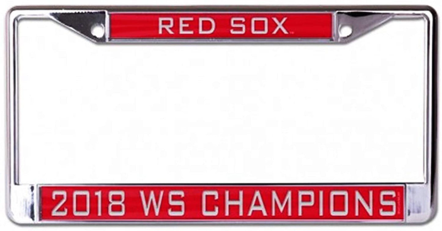 Boston Red Sox Metal License Plate Frame Chrome Tag Cover, Laser Acrylic Mirrored Inserts, 2018 Champions, 12x6 Inch