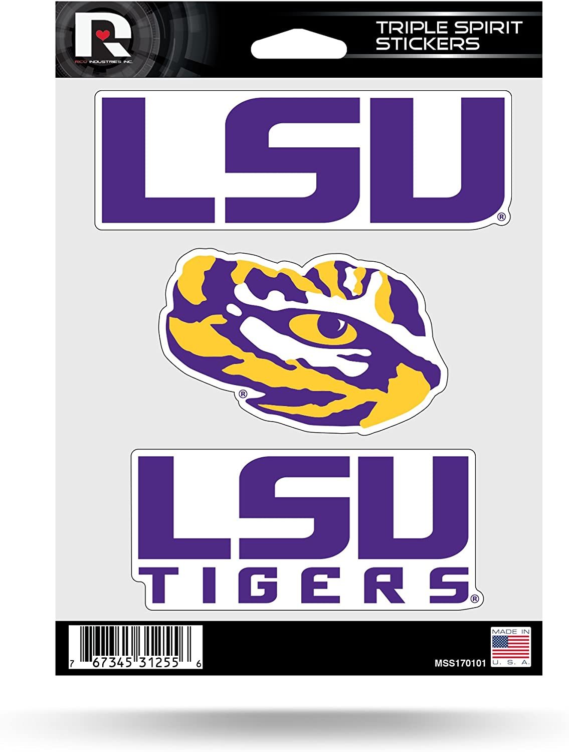 Louisiana State University LSU Tigers Die Cut 3-Piece Triple Spirit Sticker Sheet