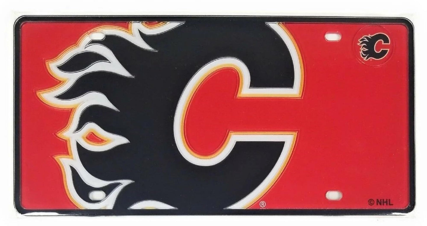 Calgary Flames Premium Laser Cut Tag License Plate, Mega Logo Design, Mirrored Acrylic Inlaid, 12x6 Inch
