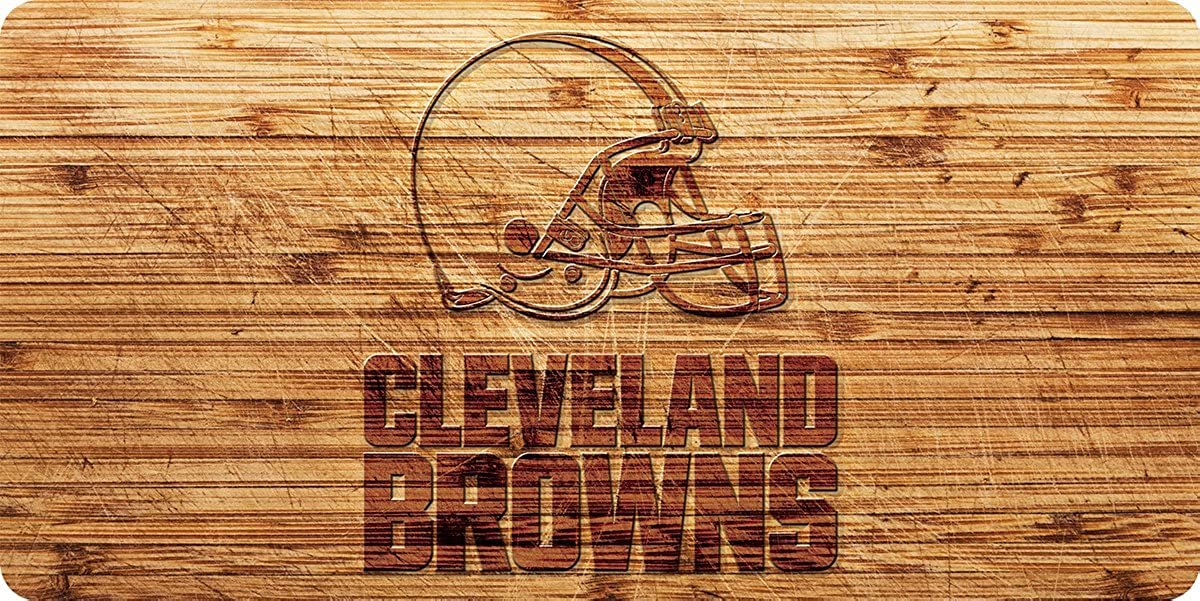Cleveland Browns Premium Laser Cut Tag License Plate, Woodgrain Design, Mirrored Acrylic Inlaid, 12x6 Inch