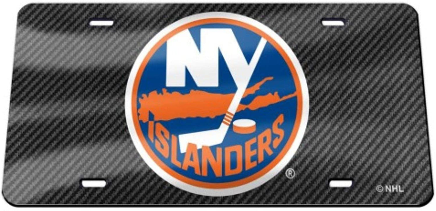 New York Islanders Premium Laser Tag License Plate, Carbon Fiber Design, Mirrored Acrylic, 12x6 Inch