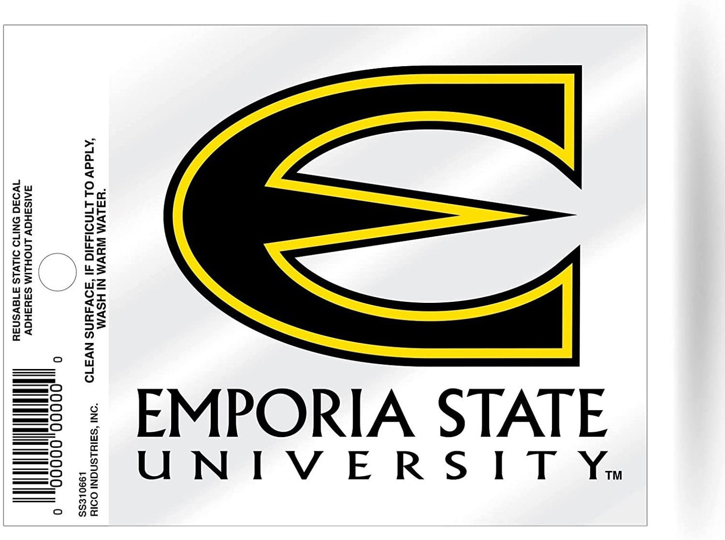 Emporia State University Hornets 3 Inch Static Cling, Full Clear Adhesive Backing, Easy Peel and Stick Application, Removable and Reusable, Officially Licensed, Made in the USA