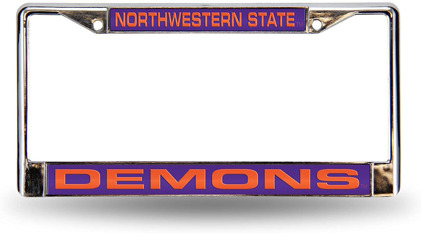 Northwestern State University Demon Chrome Metal License Plate Frame Tag Cover, Laser Acrylic Mirrored Inserts, 12x6 Inch