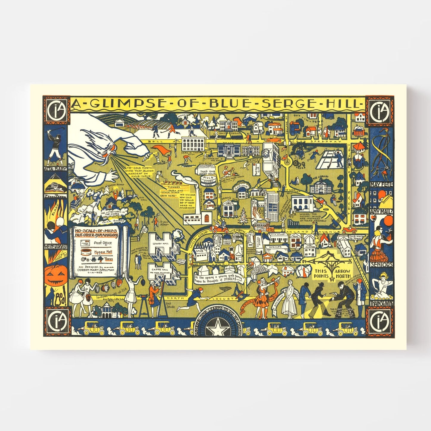 Vintage Blue Serge Hill Texas Womens University Map 1928