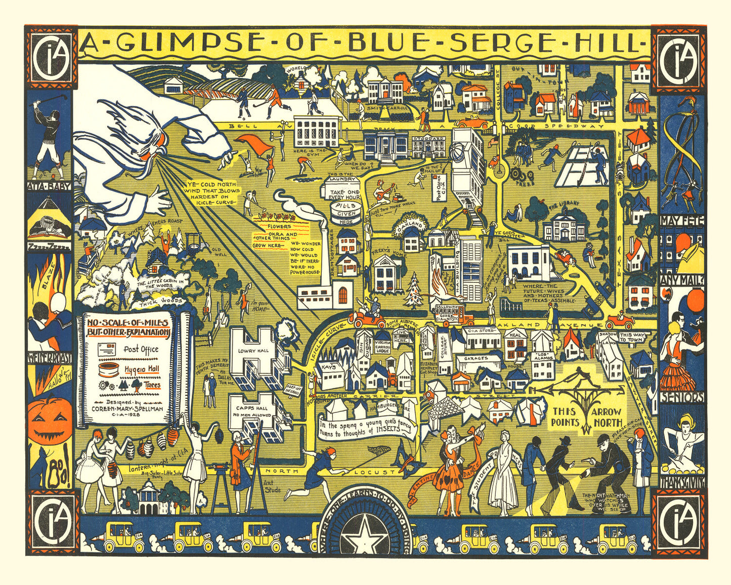 Vintage Blue Serge Hill Texas Womens University Map 1928